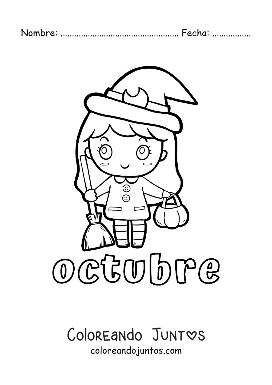 Imagen para colorear de octubre con una niña animada disfrazada de bruja de halloween