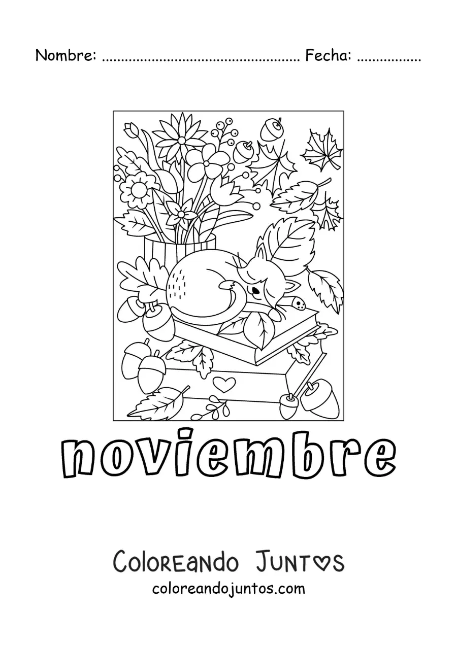 Imagen para colorear de noviembre con un gato durmiendo sobre una pila de libros en otoño