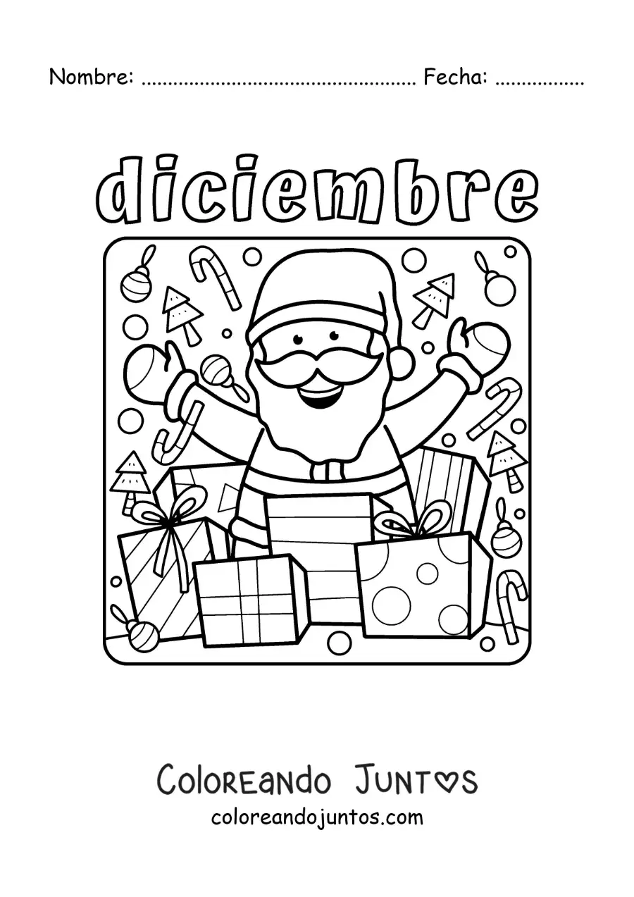 Imagen para colorear de diciembre con santa claus animado con regalos