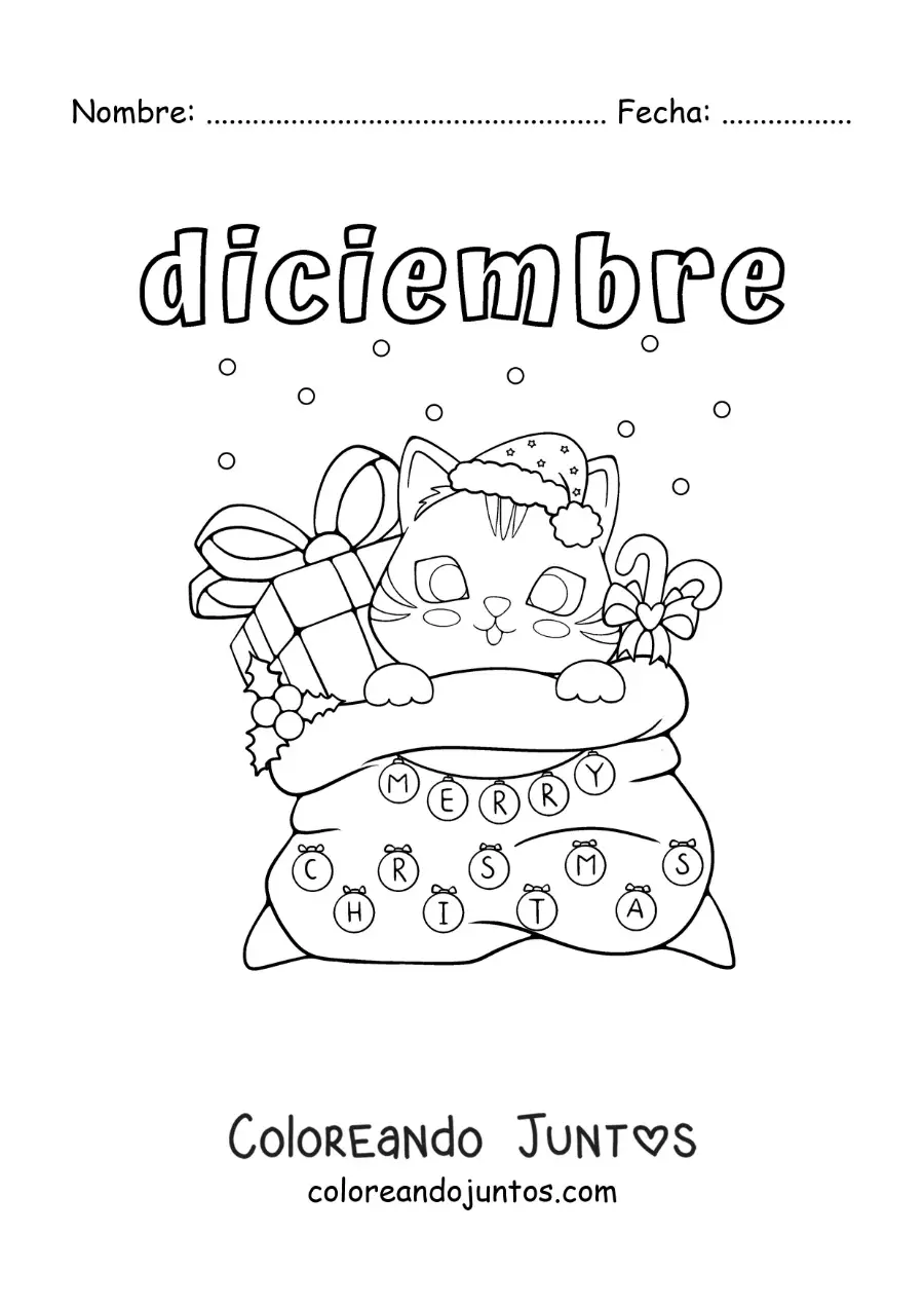 Imagen para colorear de diciembre con un gato animado en una bolsa de regalos