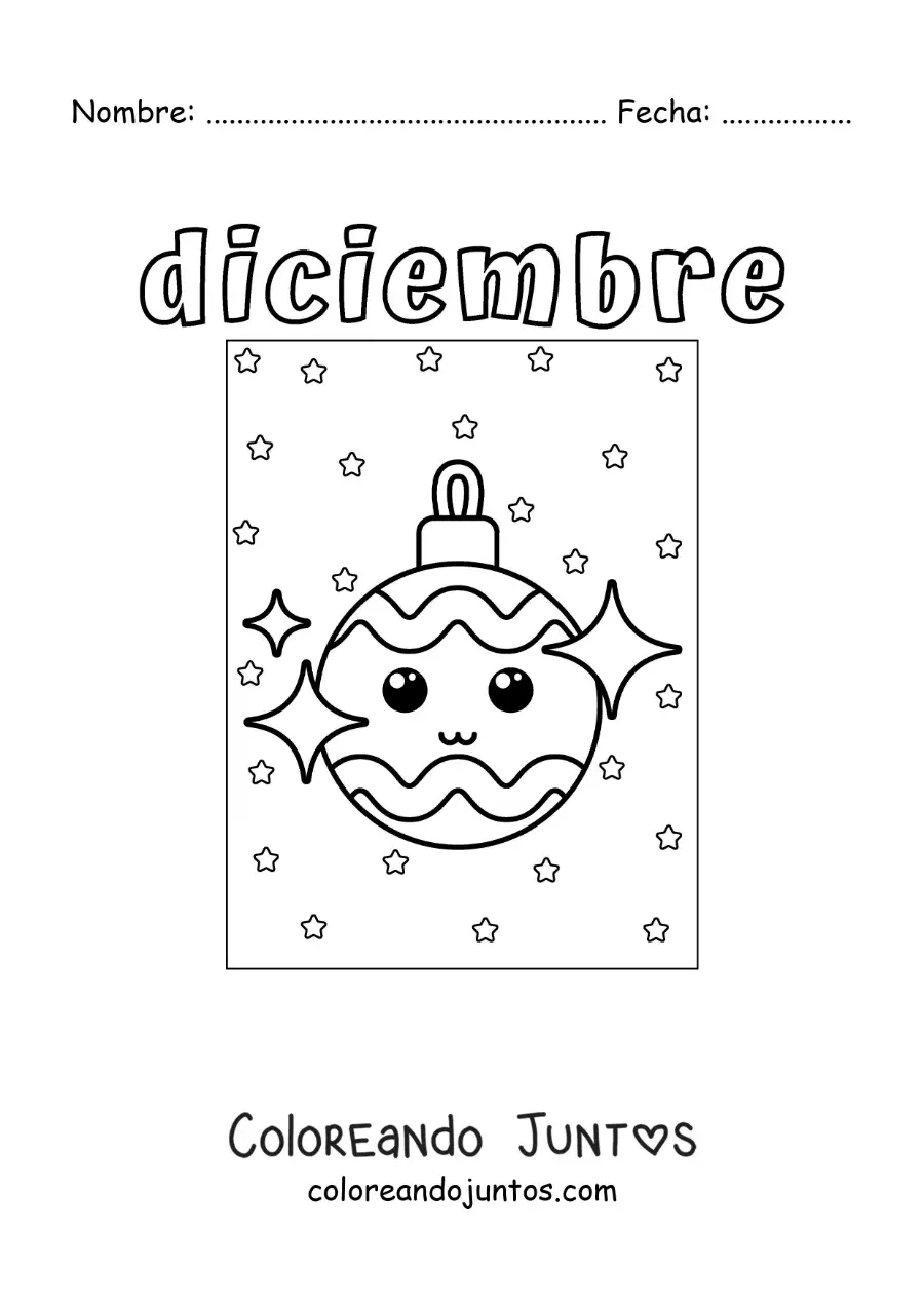 Imagen para colorear de diciembre con una bambalina navideña animada kawaii