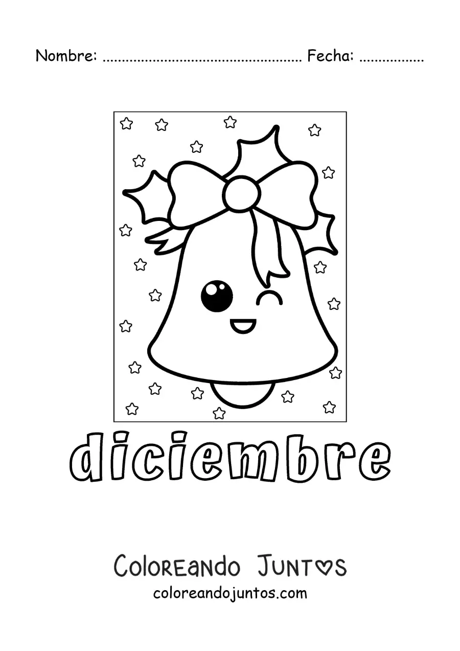 Imagen para colorear de diciembre con una campana navideña animada kawaii