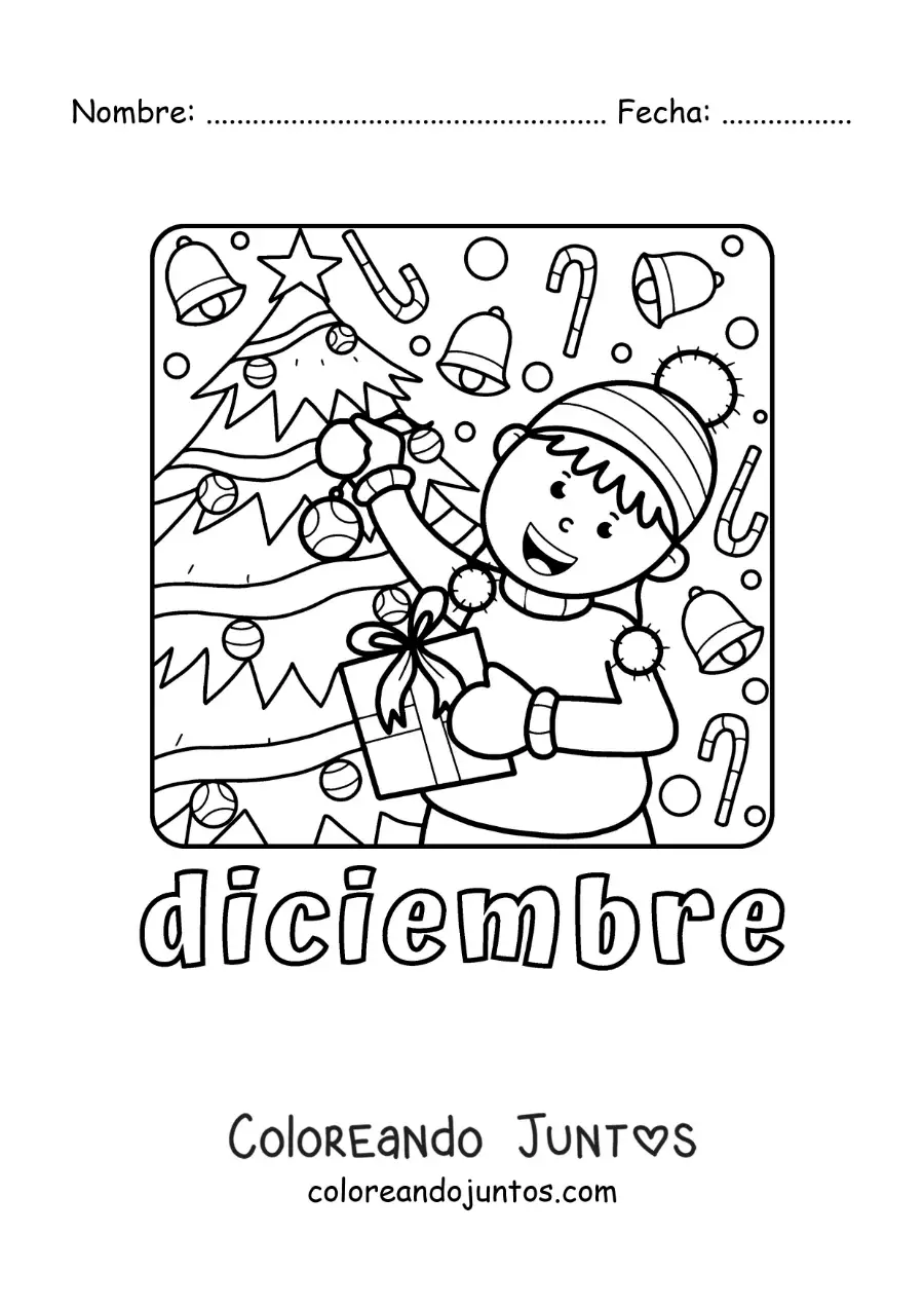 Imagen para colorear de diciembre con un niño com regalos junto al árbol de navidad