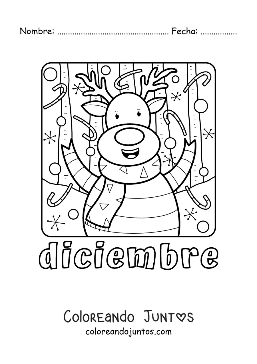 Imagen para colorear de diciembre con un reno navideño animado