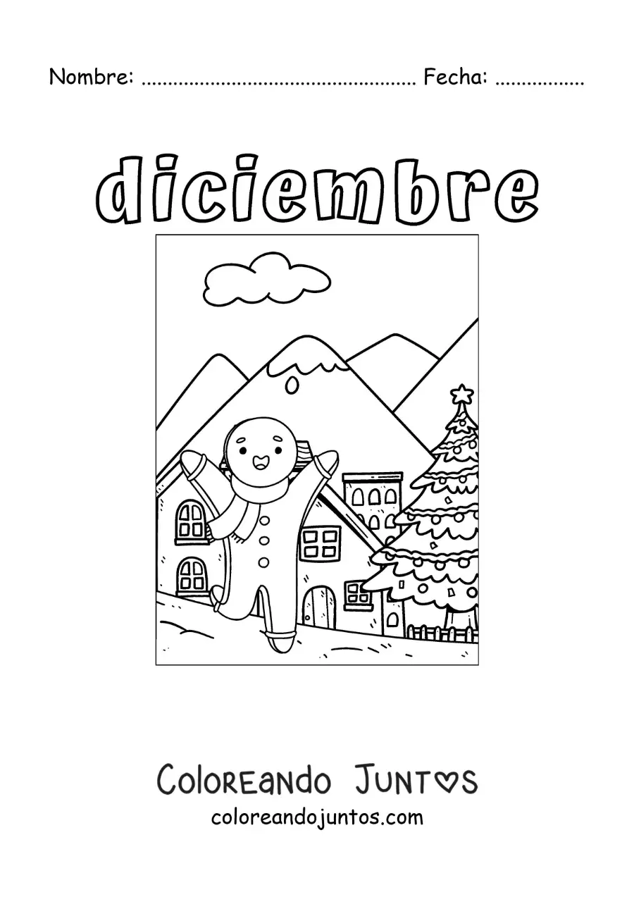 Imagen para colorear de diciembre con un hombre de jengibre navideño animado