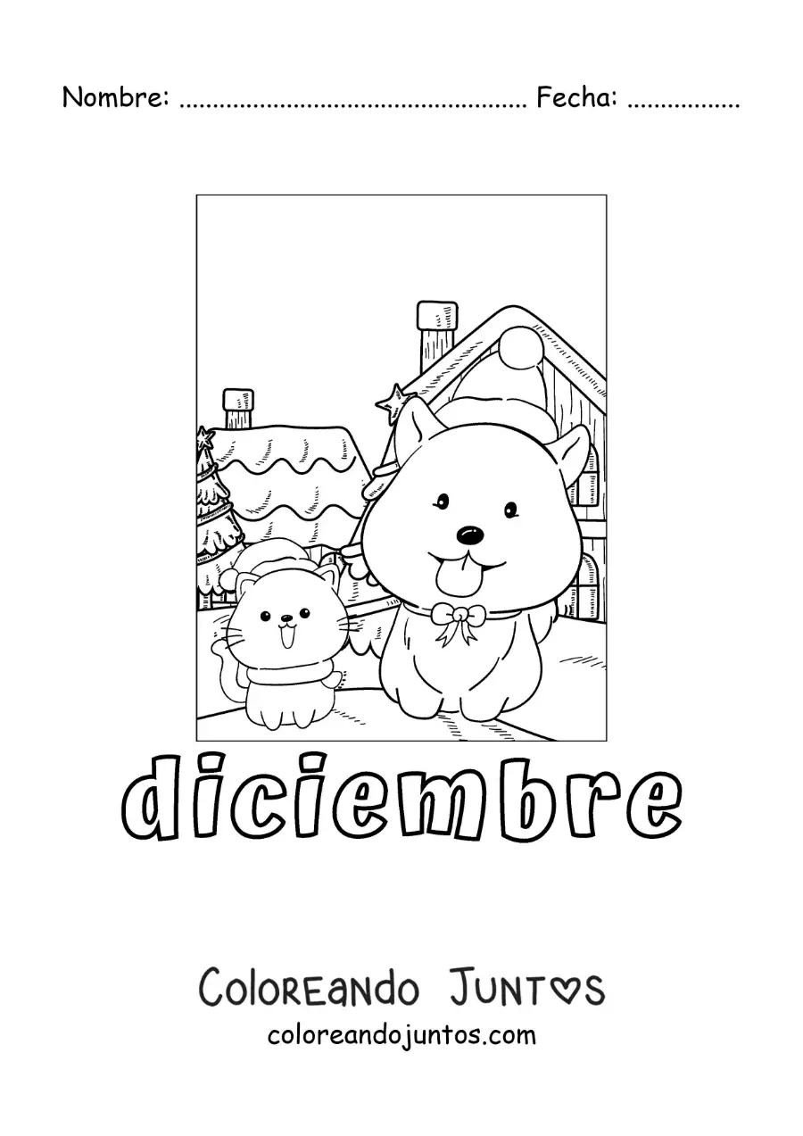 Imagen para colorear de diciembre con un perro y un gato navideños animados