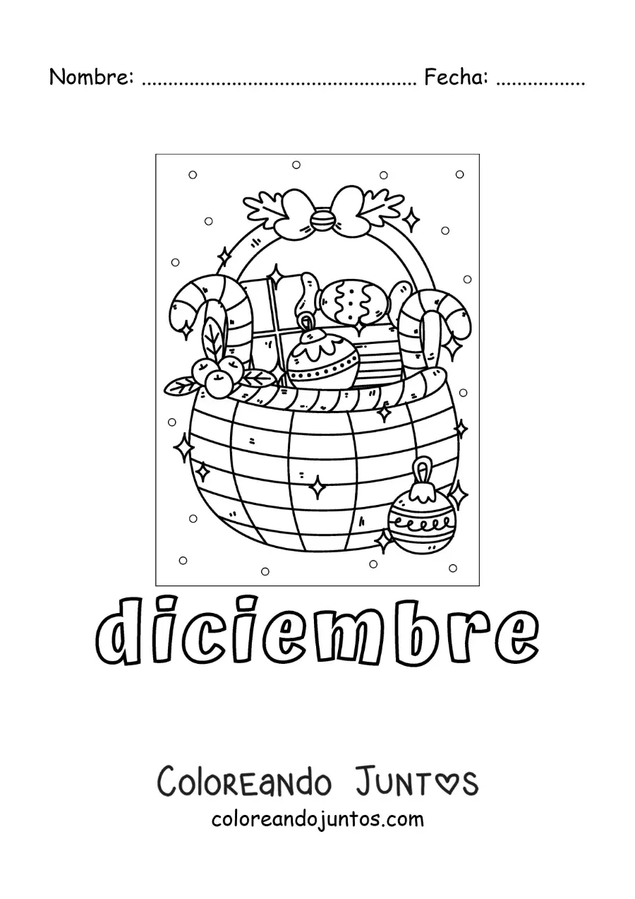 Imagen para colorear de diciembre con una canasta de regalo de navidad