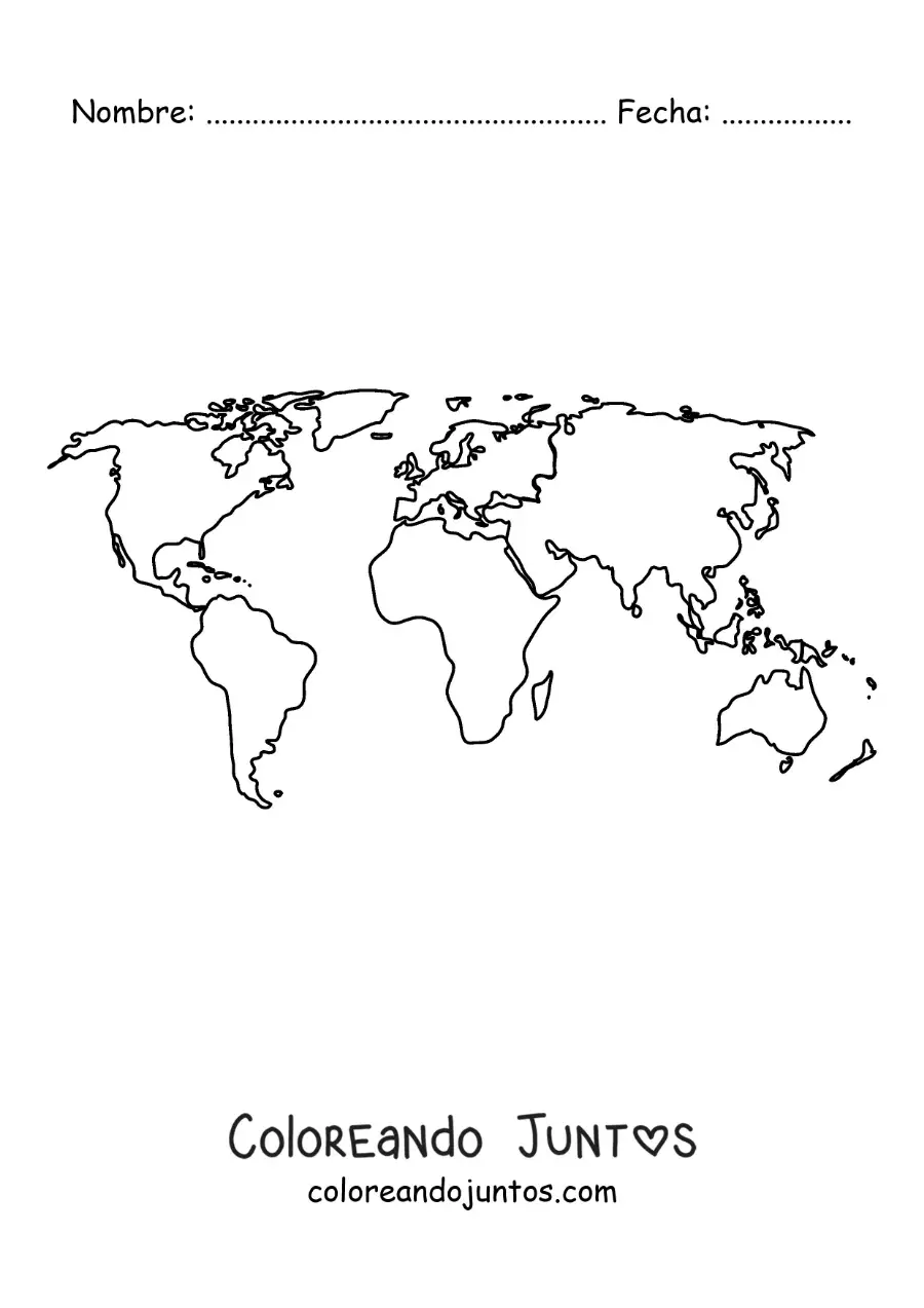 Imagen para colorear de mapamundi con los los continentes