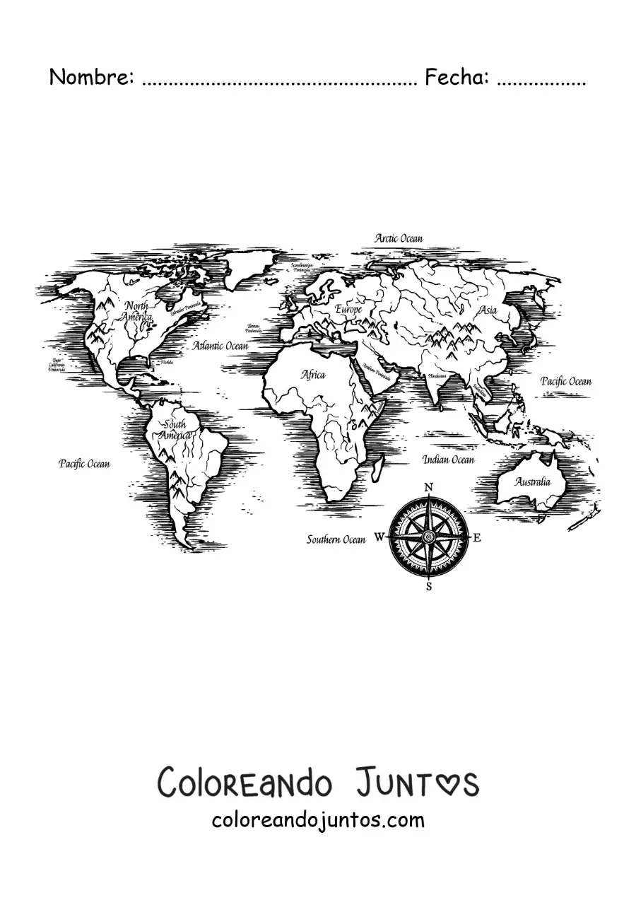 Imagen para colorear de planisferio con los contienentes