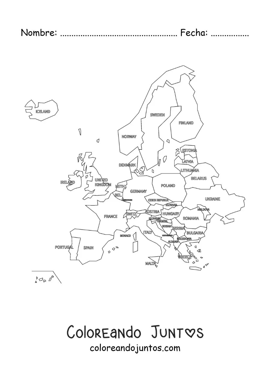 Imagen para colorear de mapa del continente europeo con nombres