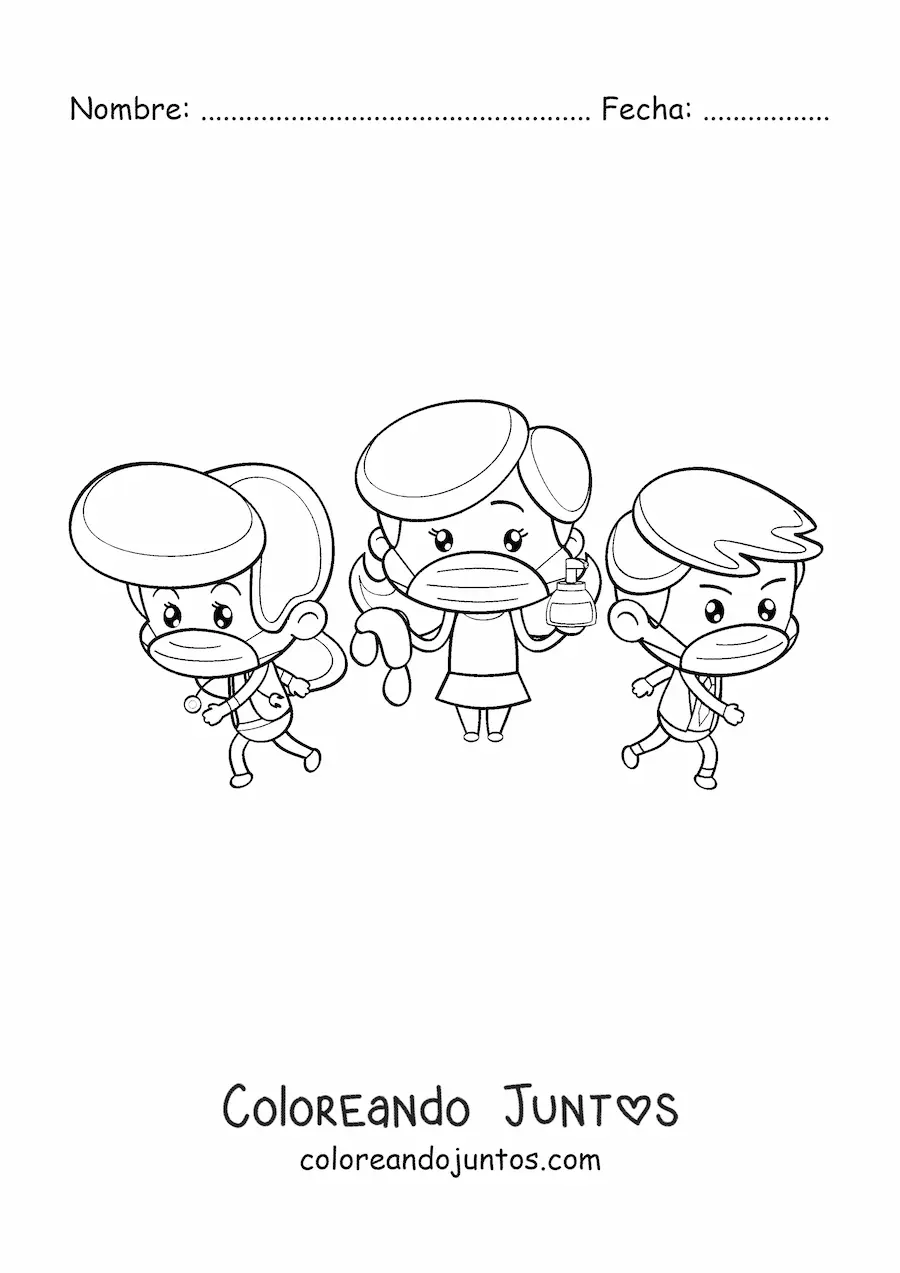 Imagen para colorear de tres doctores kawaii con mascarilla luchando contra el coronavirus