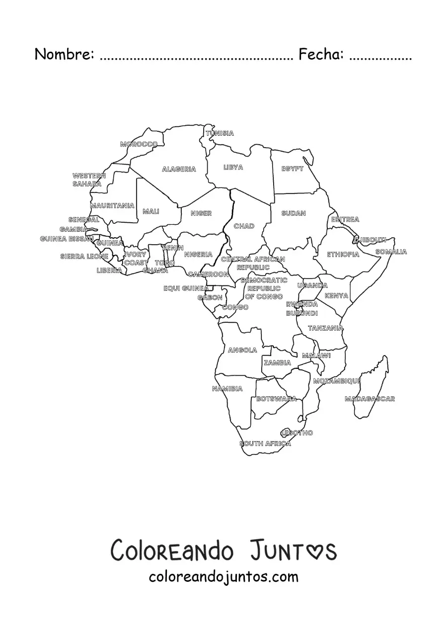 Imagen para colorear de mapa político de África con nombres