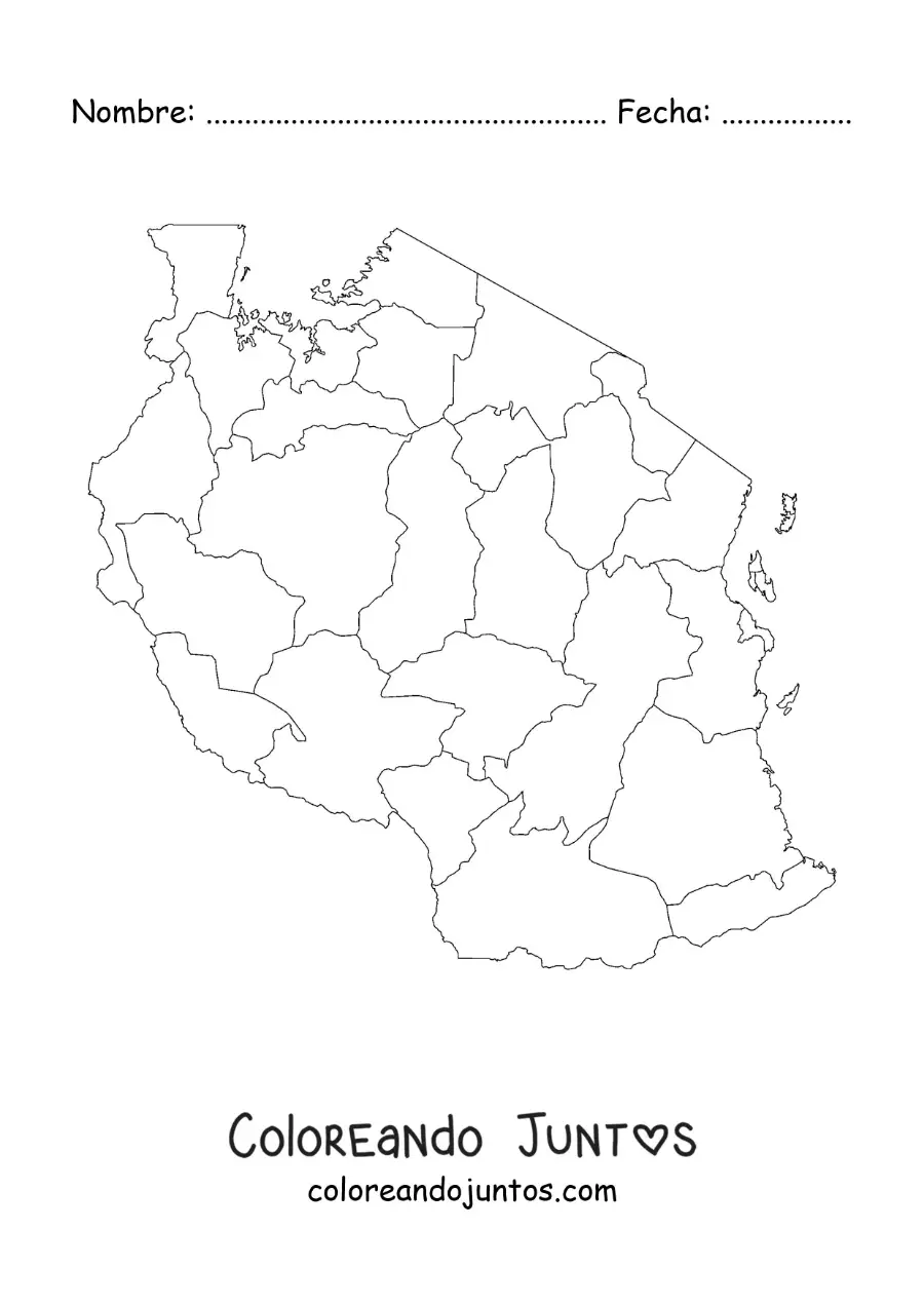Imagen para colorear de mapa político de Tanzania