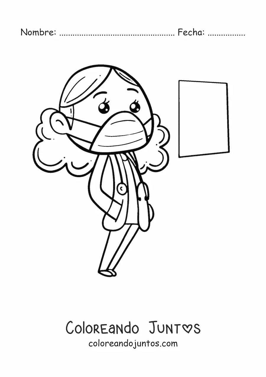Imagen para colorear de una doctora kawaii con bata y mascarilla