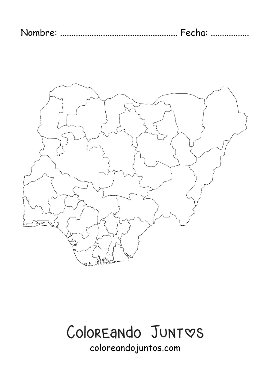 Imagen para colorear de mapa político de Nigeria
