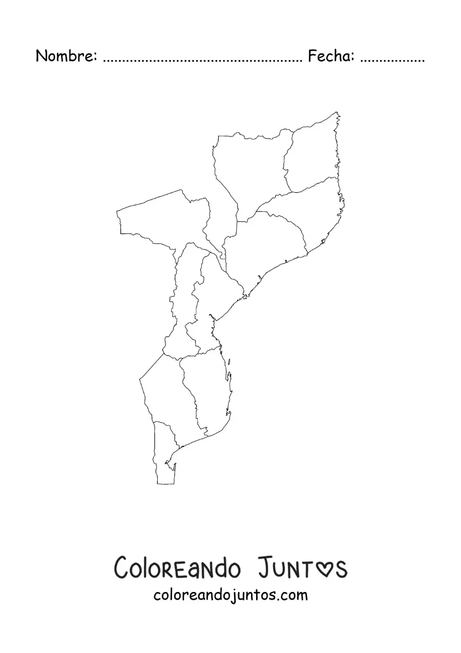 Imagen para colorear de mapa político de Mozambique
