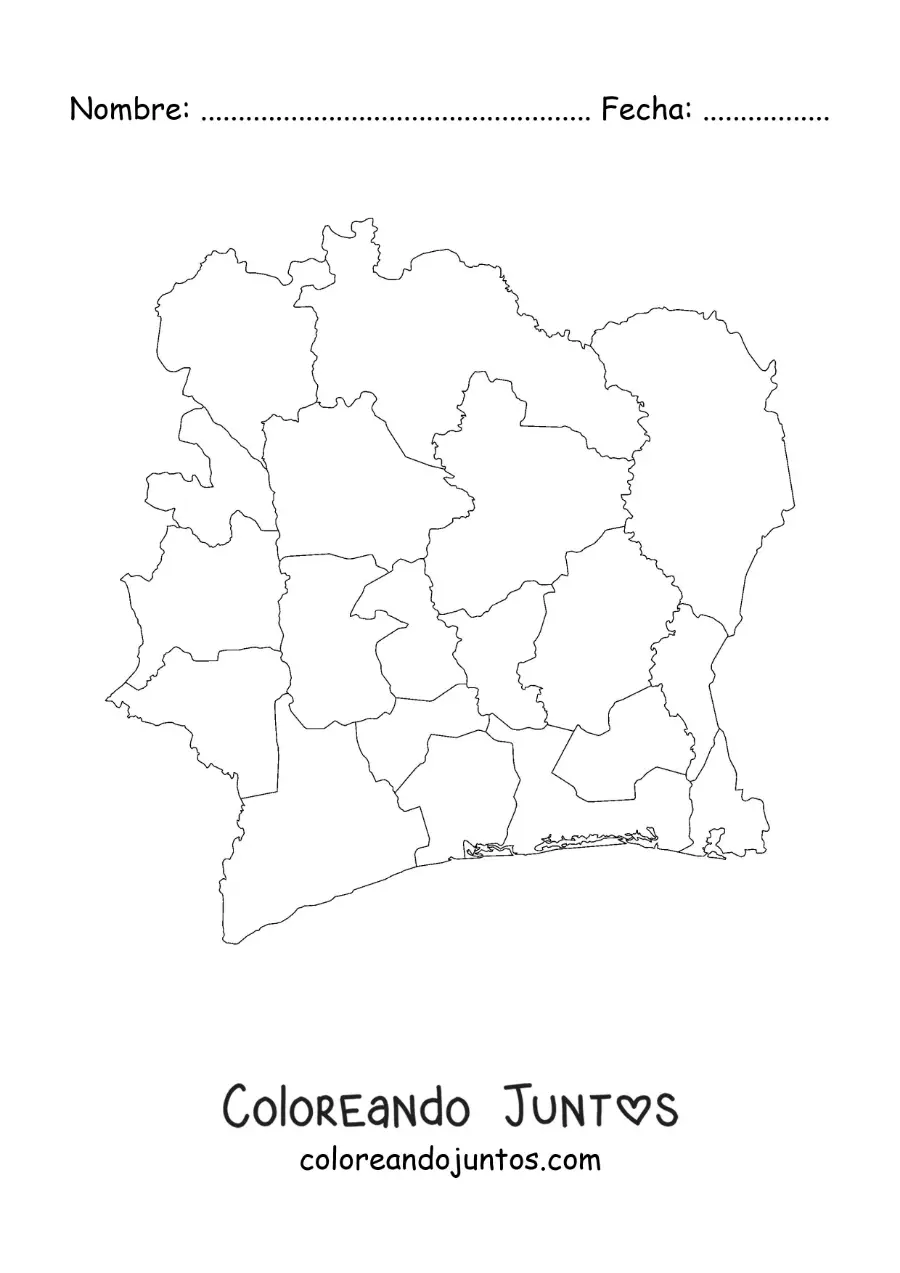 Imagen para colorear de mapa político de Costa de Marfil