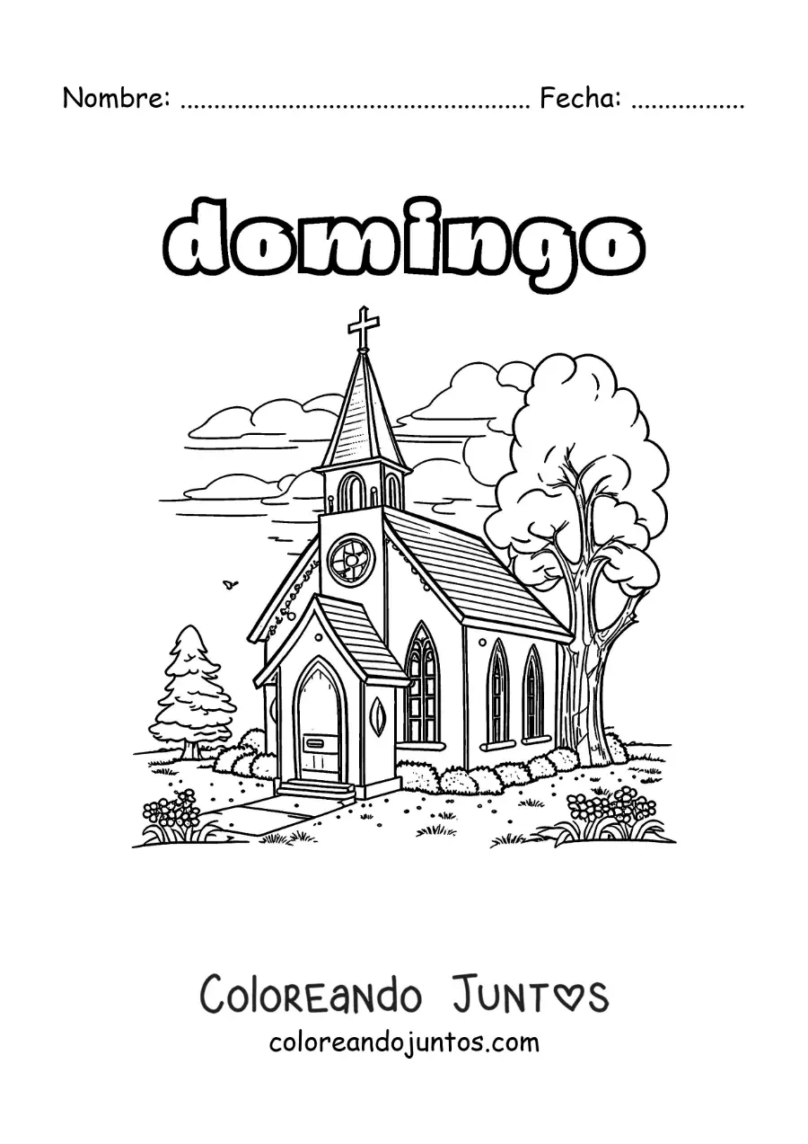 Imagen para colorear del día domingo con una iglesia