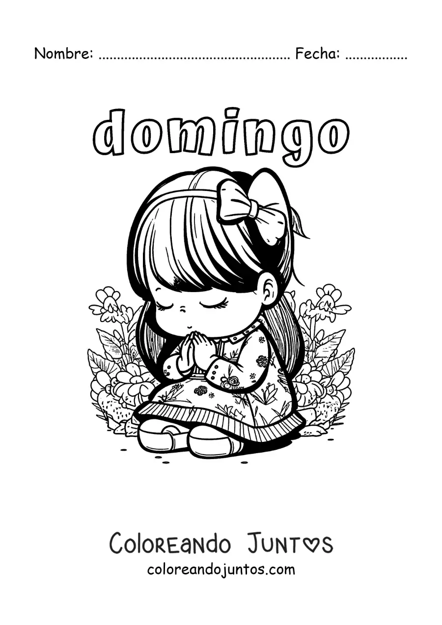 Imagen para colorear del día domingo con una niña arrodillada orando