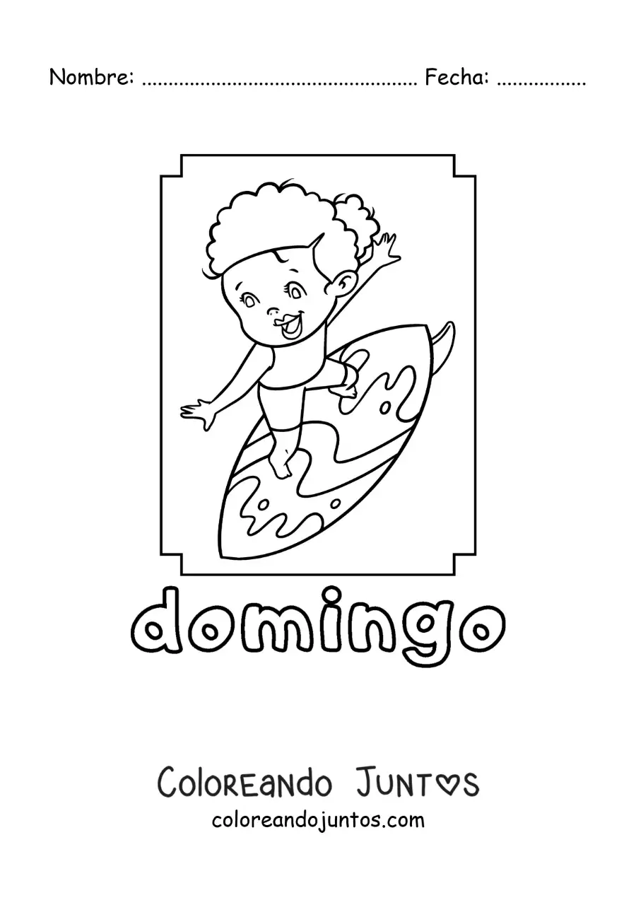 Imagen para colorear del día domingo con una niña surfeando