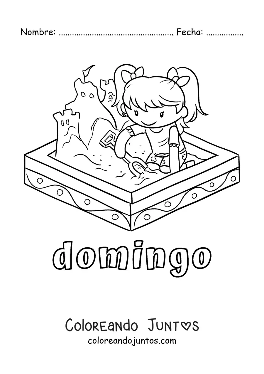 Imagen para colorear del día domingo con una niña jugando en el parque