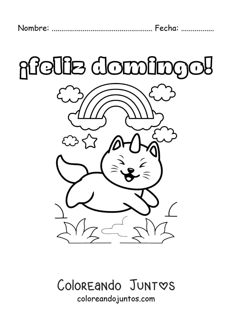 Imagen para colorear de feliz domingo con un gato unicornio kawaii animado y un arcoíris