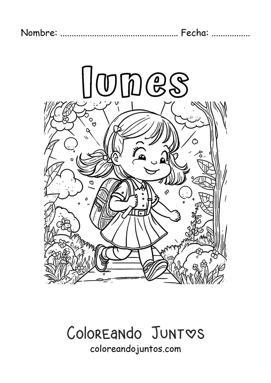 Imagen para colorear del día lunes con una niña caminando a la escuela