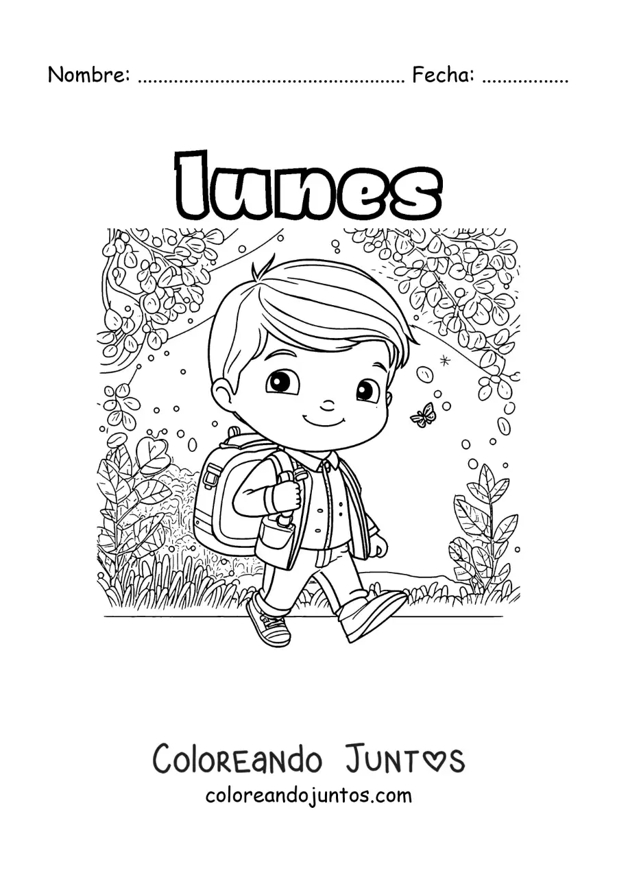 Imagen para colorear del día lunes con un niño caminando a la escuela