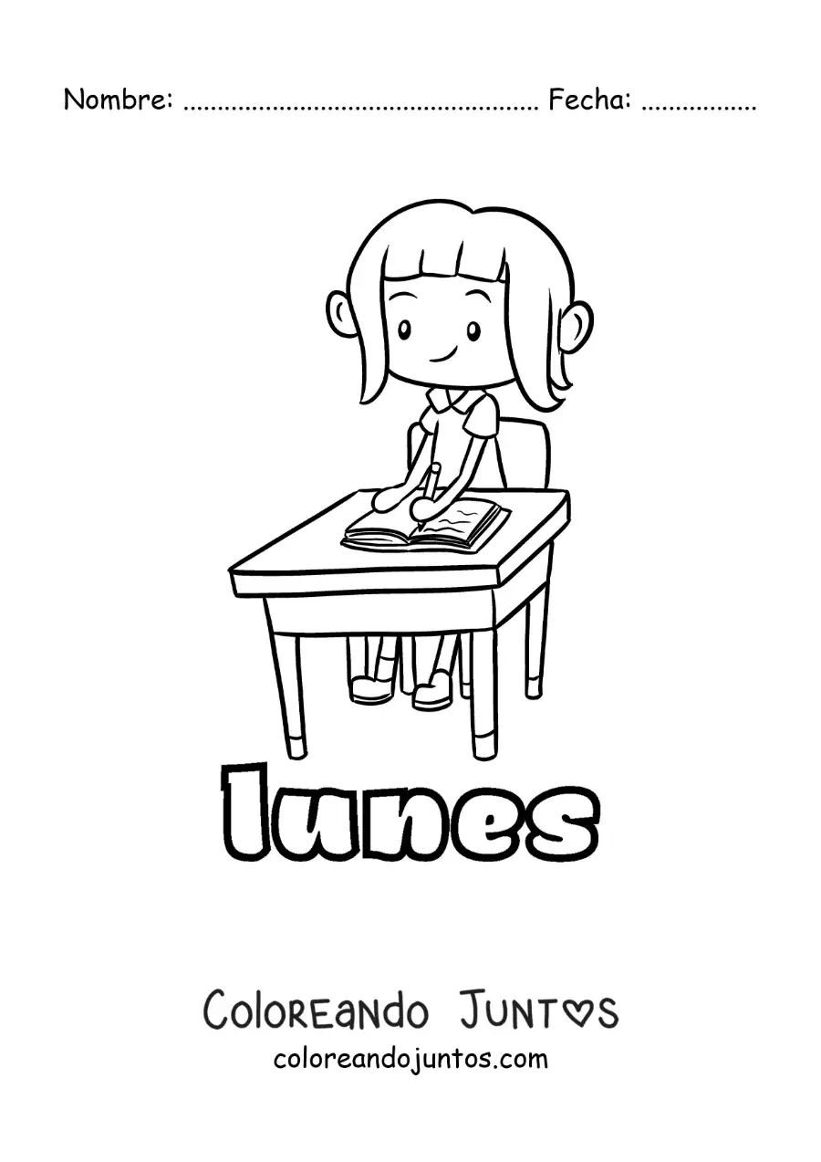 Imagen para colorear del día lunes con una niña estudiando en la escuela