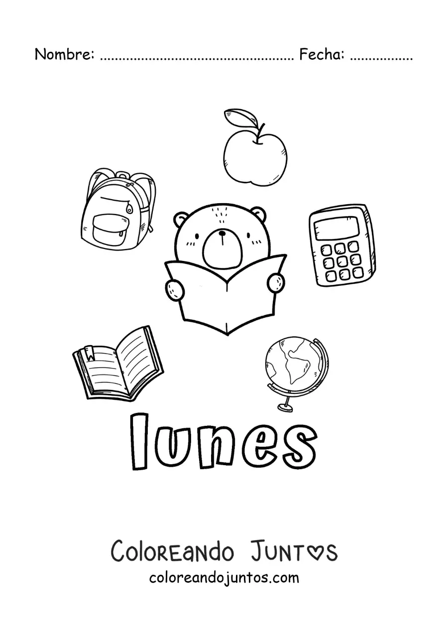 Imagen para colorear del día lunes con útiles escolares y un oso animado estudiando
