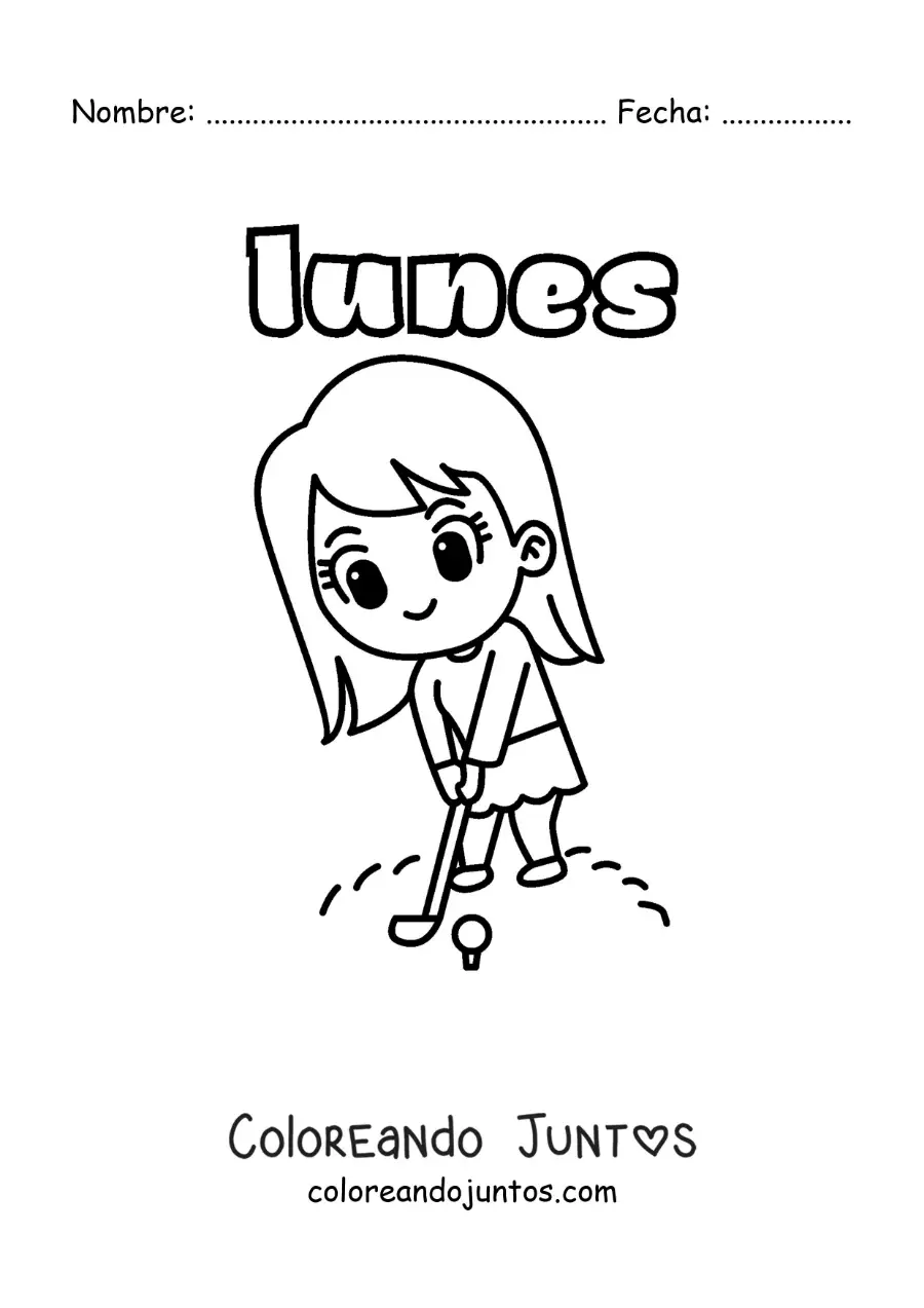 Imagen para colorear del día lunes con una niña practicando golf