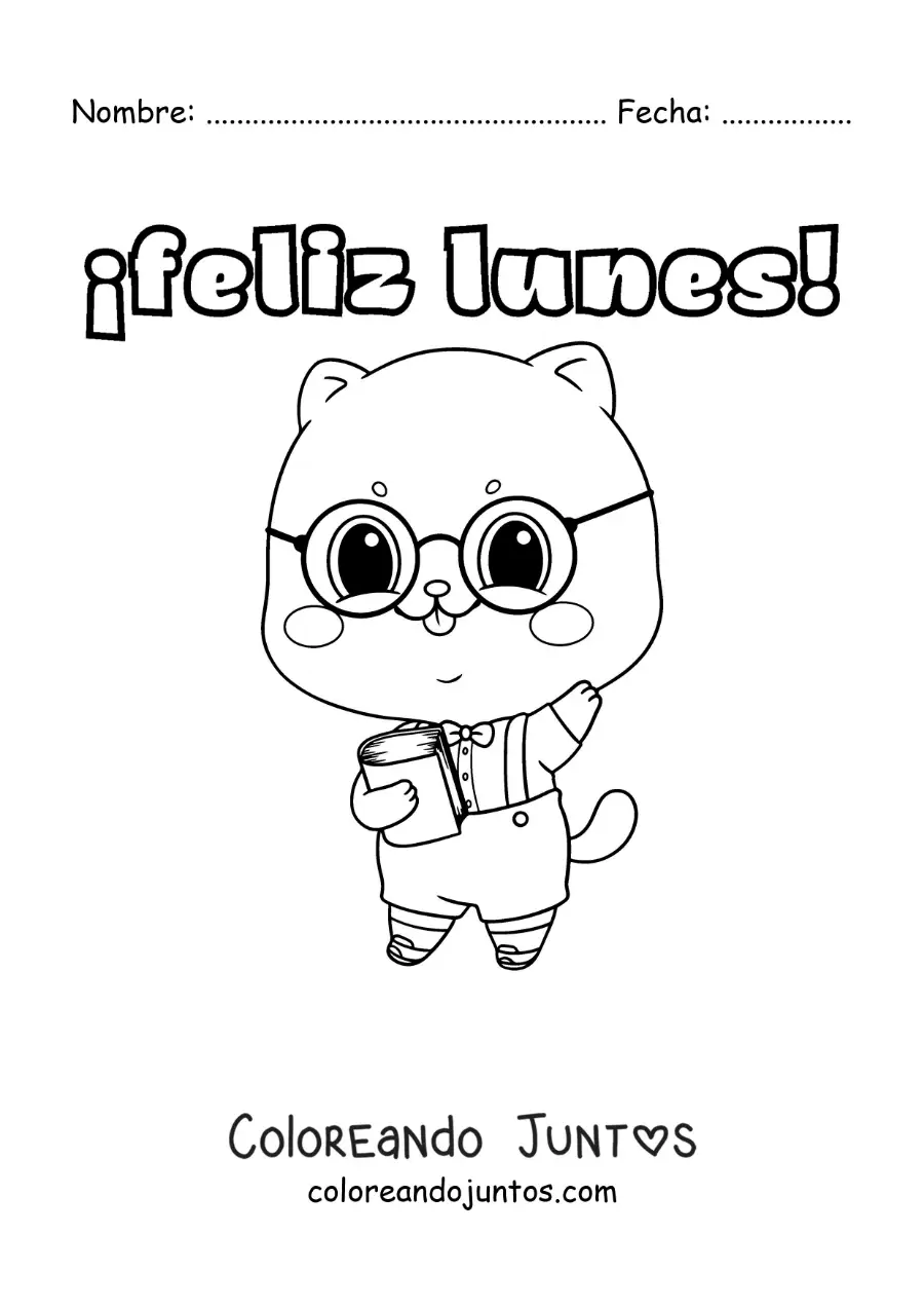 Imagen para colorear de feliz lunes con un gato estudioso kawaii animado