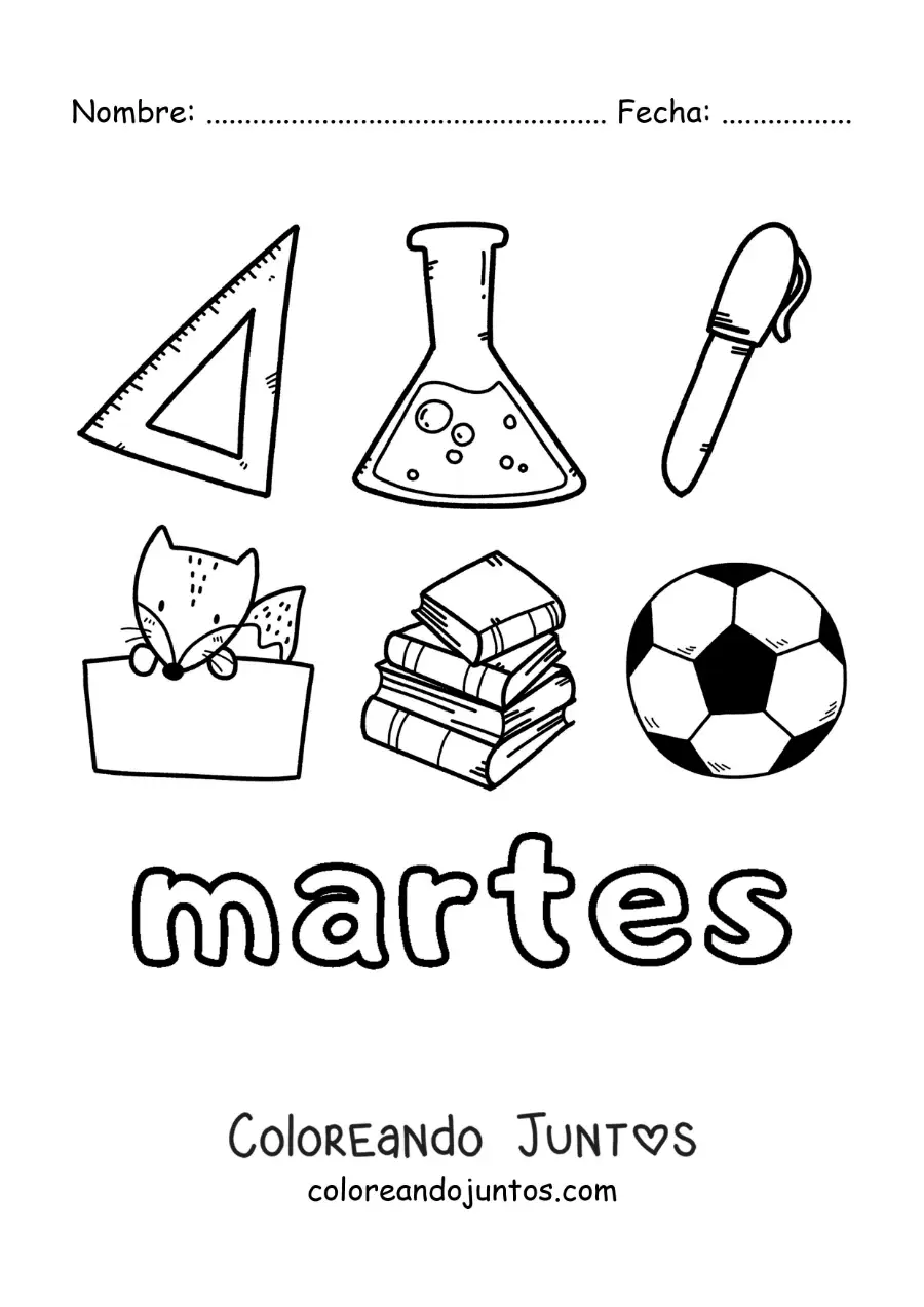 Imagen para colorear del día martes con útiles escolares
