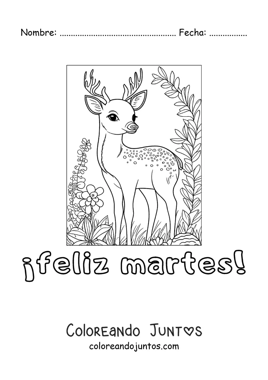 Imagen para colorear de feliz martes con un ciervo tierno con flores