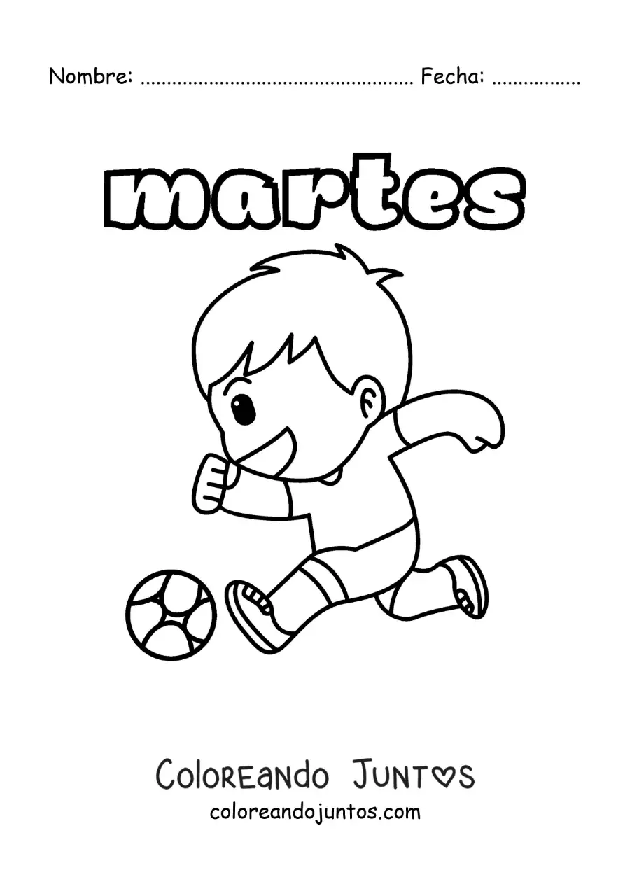 Imagen para colorear del día martes con un niño practicando fútbol