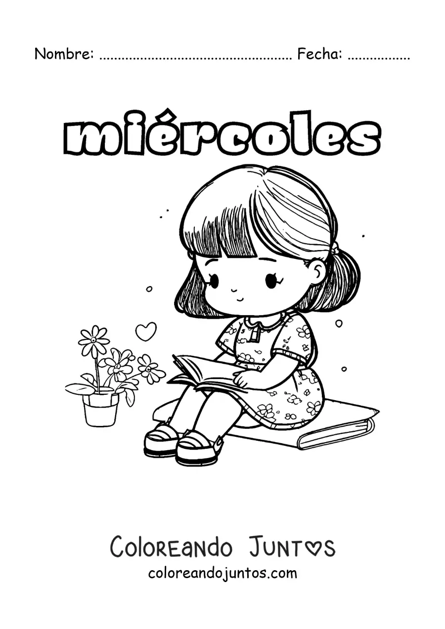 Imagen para colorear del día miércoles con una niña kawaii leyendo un libro