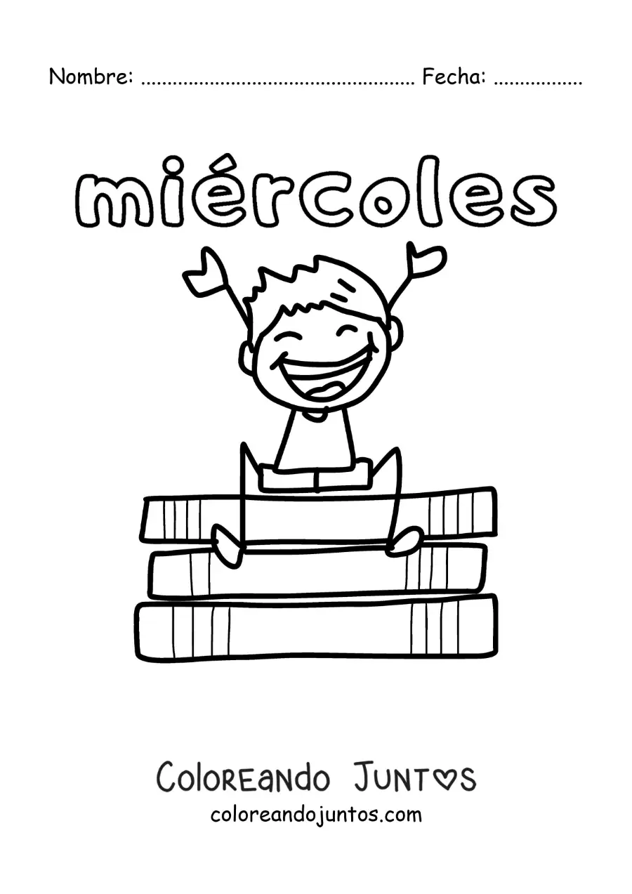 Imagen para colorear del día miércoles con un niño feliz sentado sobre unos libros