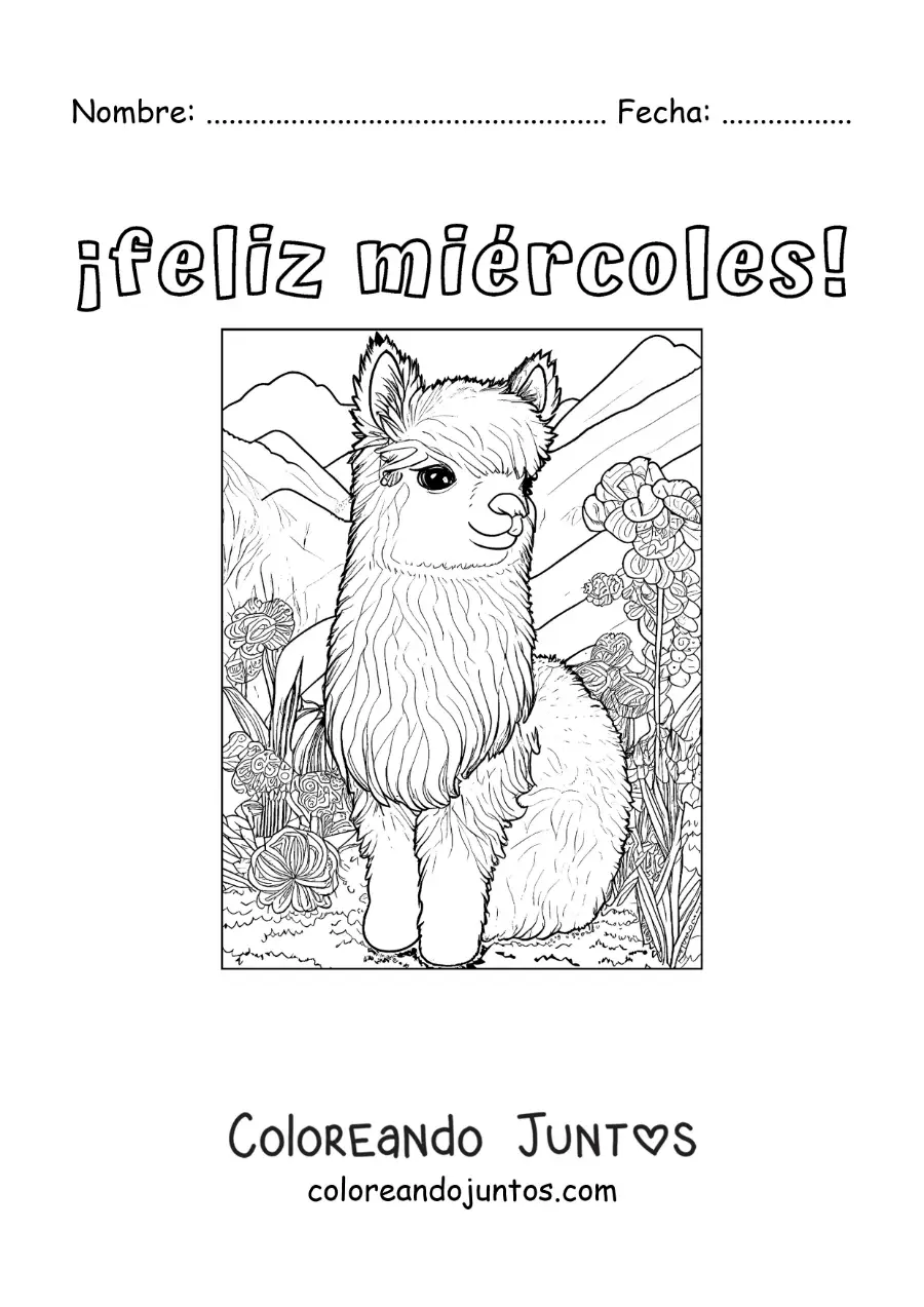 Imagen para colorear de feliz miércoles con un animal kawaii