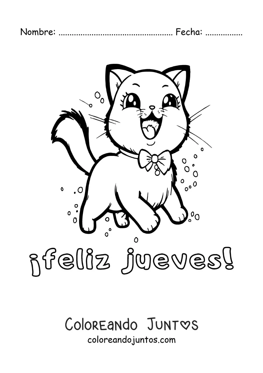 Imagen para colorear de feliz jueves con un gato animado kawaii