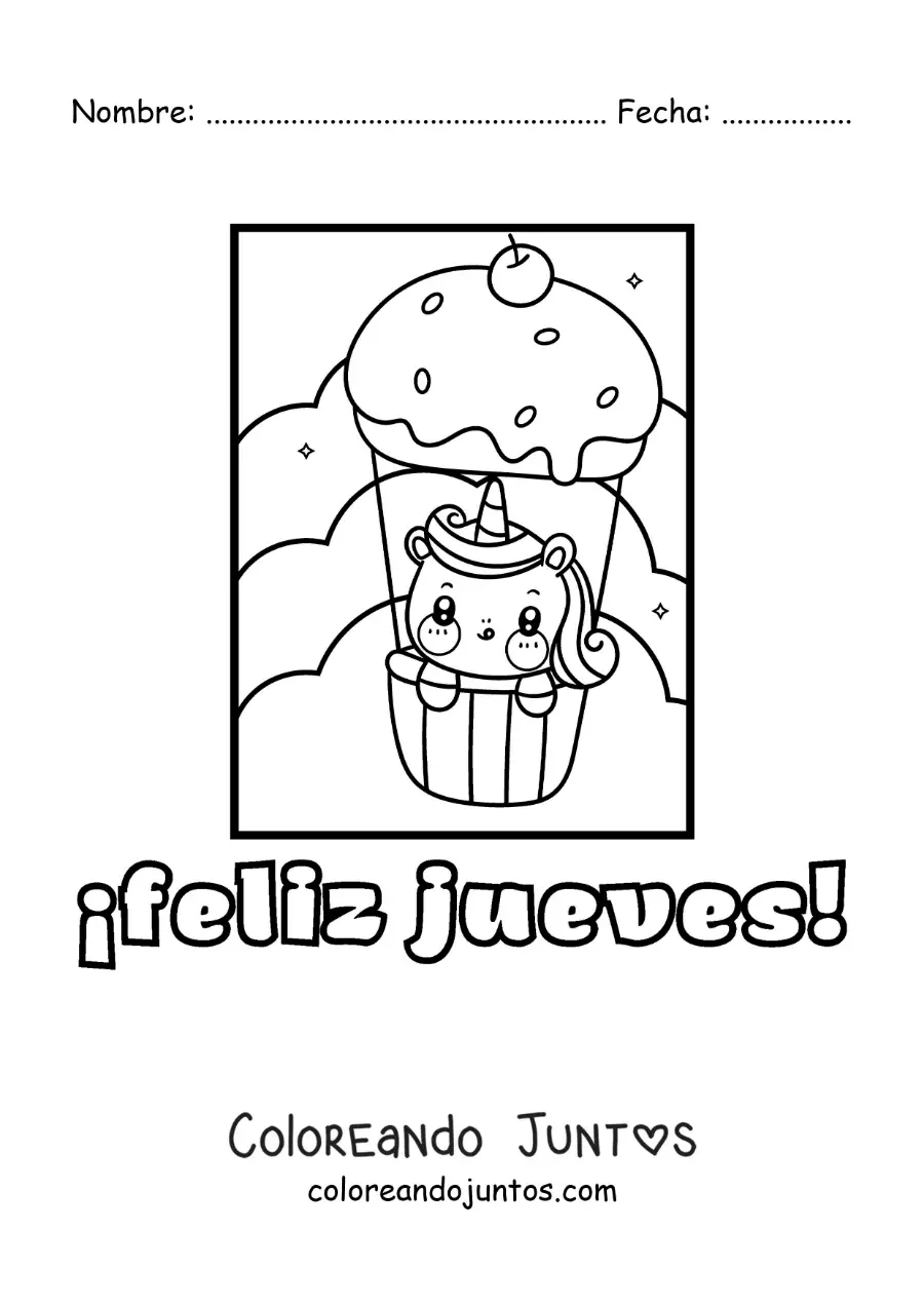 Imagen para colorear de feliz jueves con un unicornio animado tierno