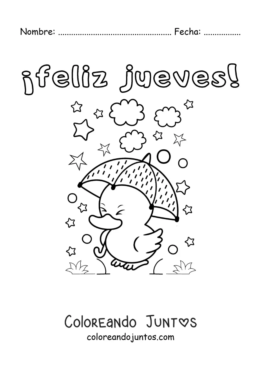 Imagen para colorear de feliz jueves con un pato animado kawaii