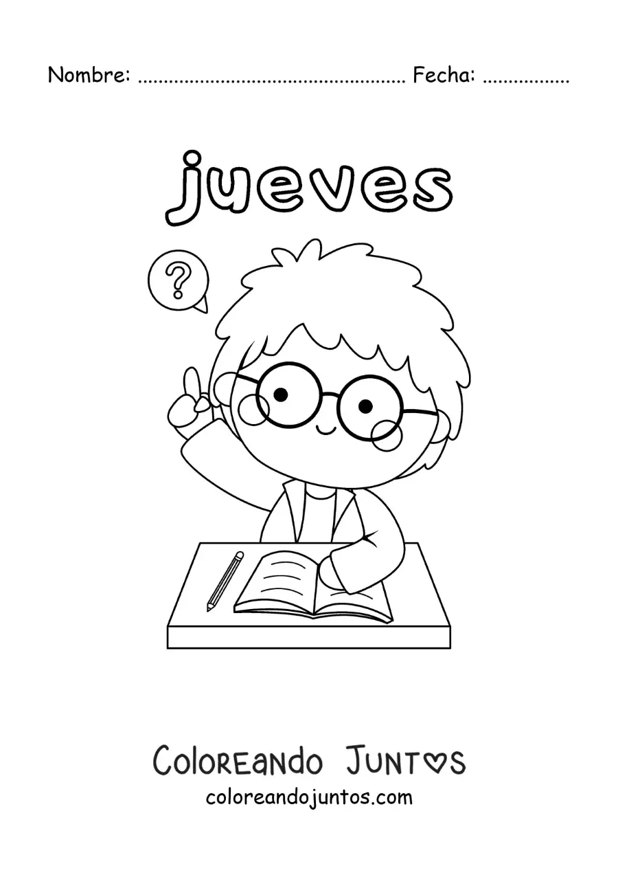 Imagen para colorear del día jueves con un niño levantando la mano en clase