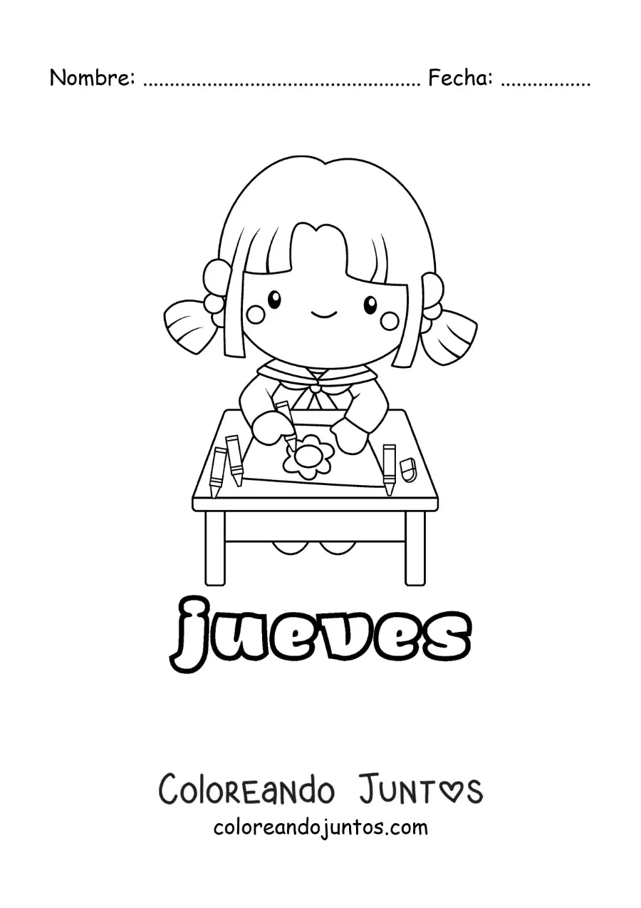 Imagen para colorear del día jueves con una niña coloreando en clase