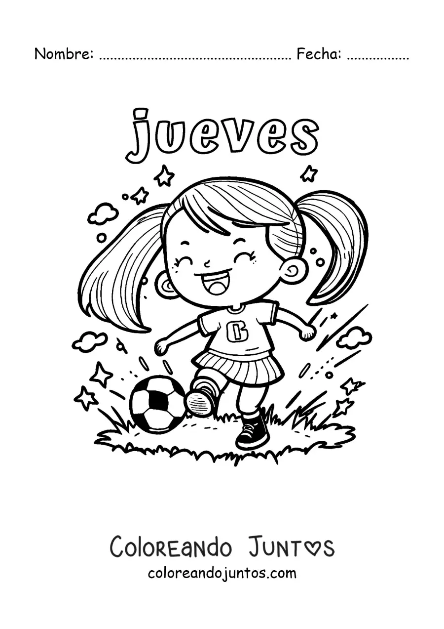 Imagen para colorear del día jueves con una niña jugando fútbol