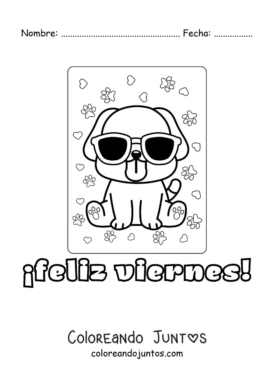 Imagen para colorear de feliz viernes con un pug animado kawaii