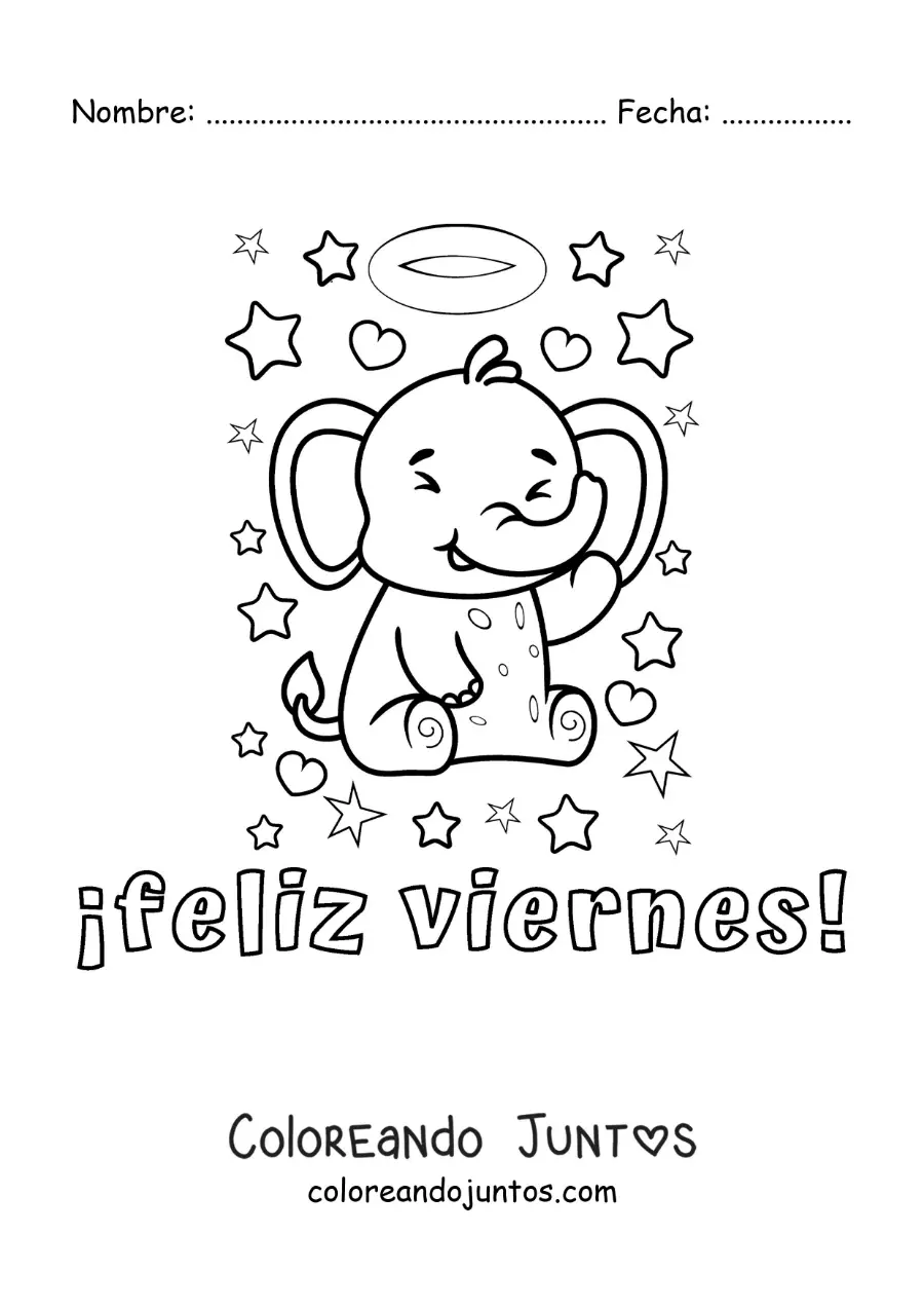 Imagen para colorear de feliz viernes con un elefante animado tierno