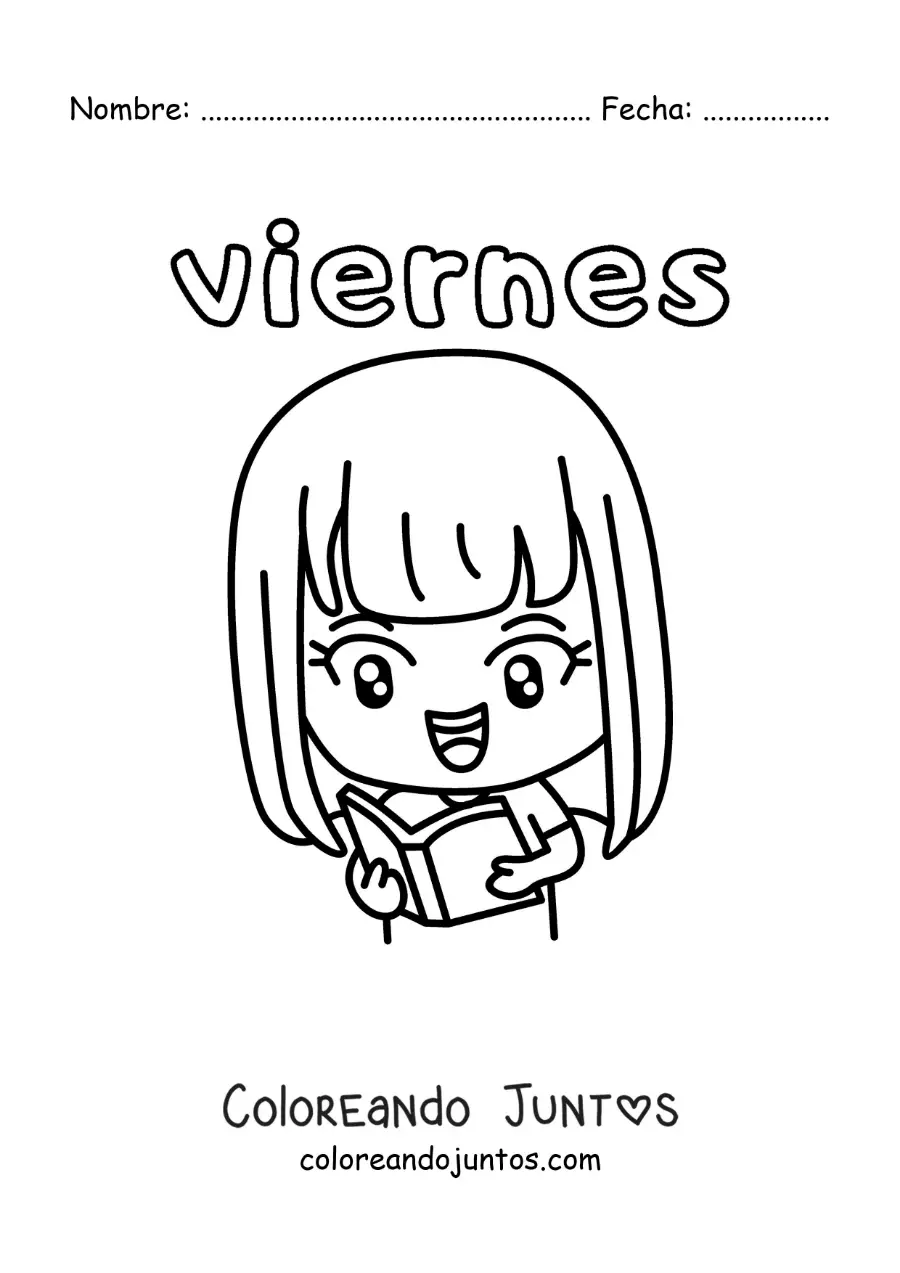 Imagen para colorear del día viernes con una niña leyendo un libro