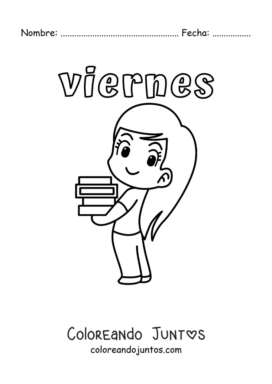 Imagen para colorear del día viernes con una niña cargando libros de texto