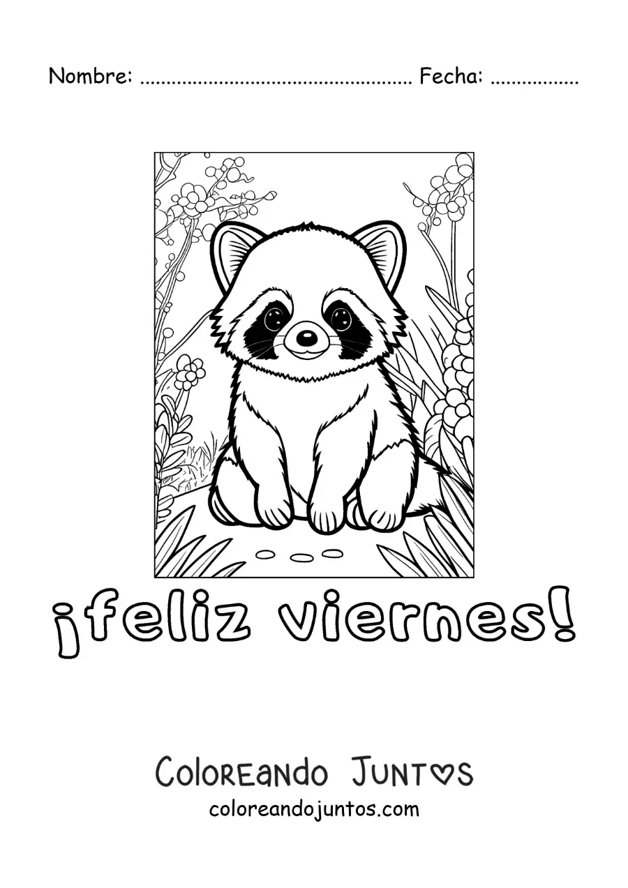Imagen para colorear de feliz viernes con un mapache animado