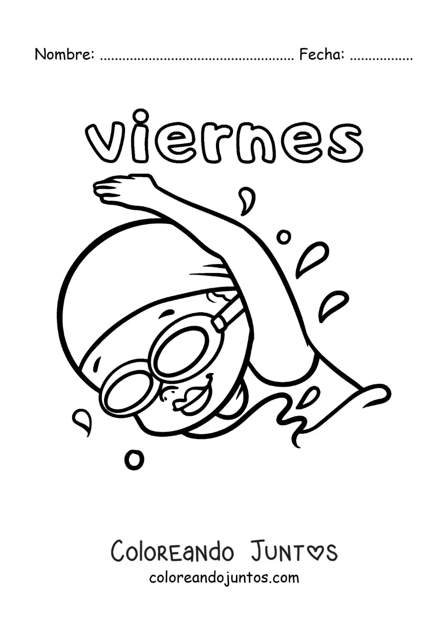 Imagen para colorear del día viernes con una niña haciendo natación